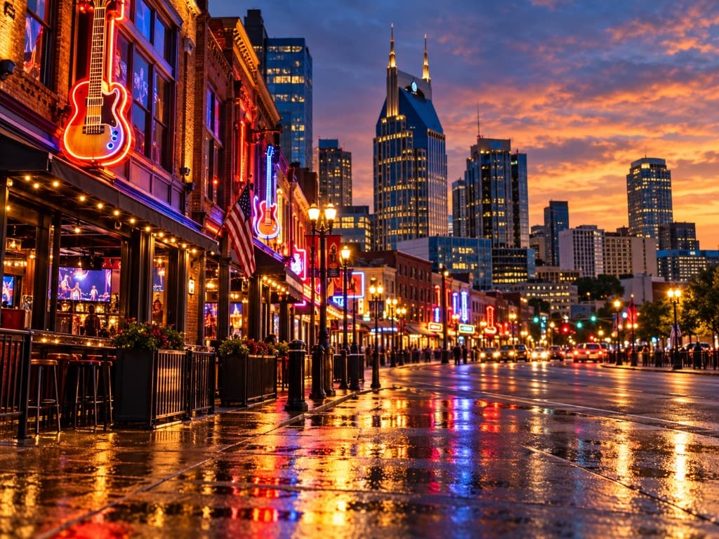 Broadway neon signs reflecting on wet pavement at dusk