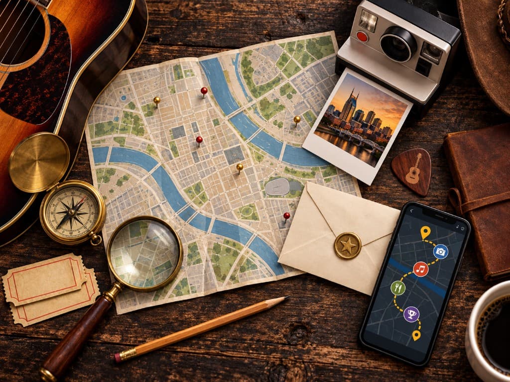 Scavenger hunt map, compass, and phone with Music City route