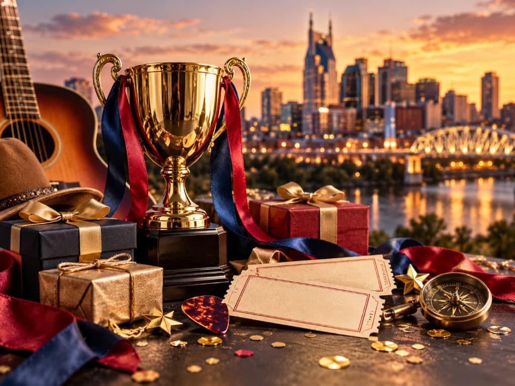 Trophy and prizes with Music City skyline at sunset
