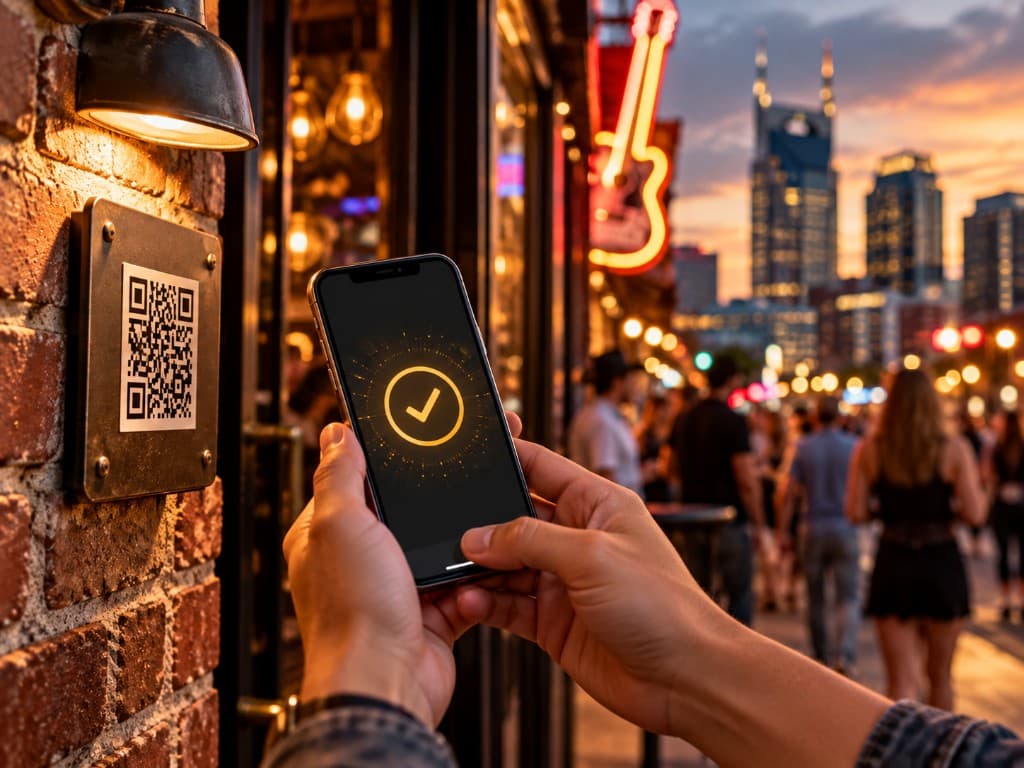Player scanning a partner QR code on a brick wall in Music City
