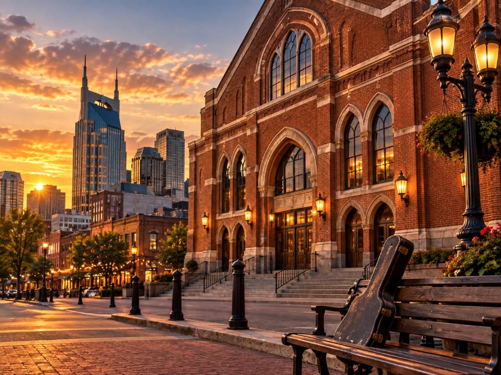 Ryman Auditorium at golden hour with guitar case on the sidewalk